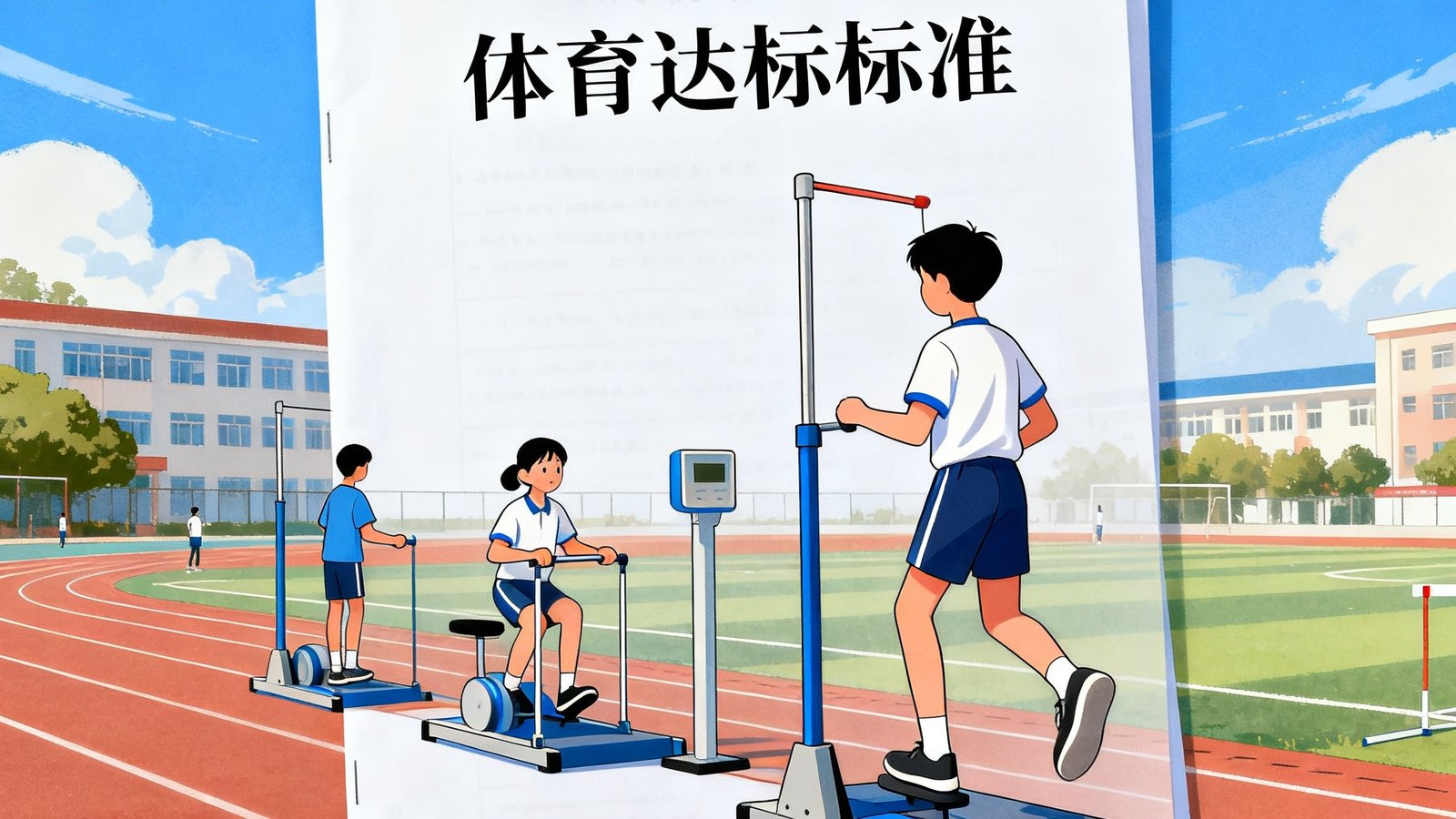 教育部文件封面与校园操场叠加的画面，文件上印有体育达标标准字样，背景中学生们正在使用标准器材进行体能测试