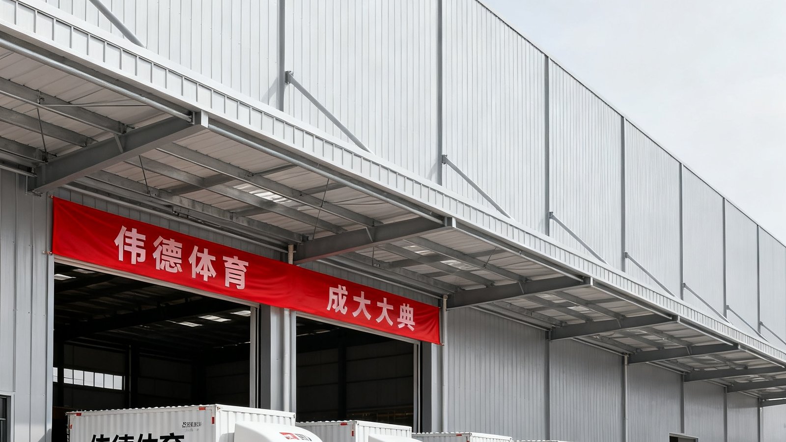 西安新建成的现代化仓储物流中心外观，灰白色钢结构建筑前停放着多辆伟德体育标识的物流货车，门口挂着开业庆典的红色横幅