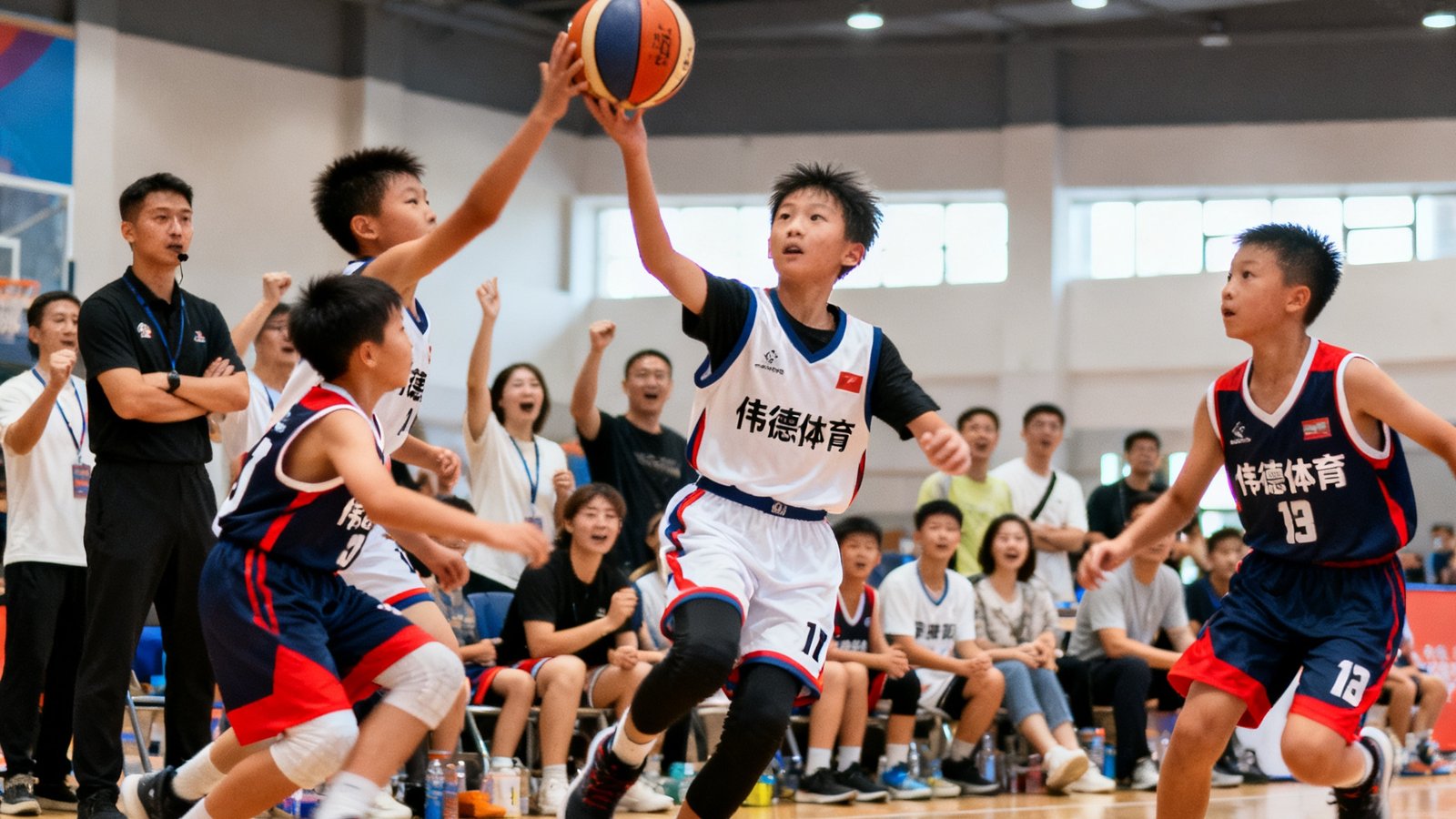 青少年篮球联赛现场，两支穿着伟德体育赞助球衣的少年队伍正在进行激烈比赛，场边教练和家长在加油助威