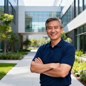 一位干练的中年企业男性管理者，穿着深蓝色polo衫，双臂交叉站在公司园区内，表情自信而友善