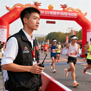 一位短发精干的青年男性赛事运营人员，穿着印有赛事标识的黑色工作马甲，手持对讲机站在马拉松终点拱门旁，身后是陆续冲线的跑者